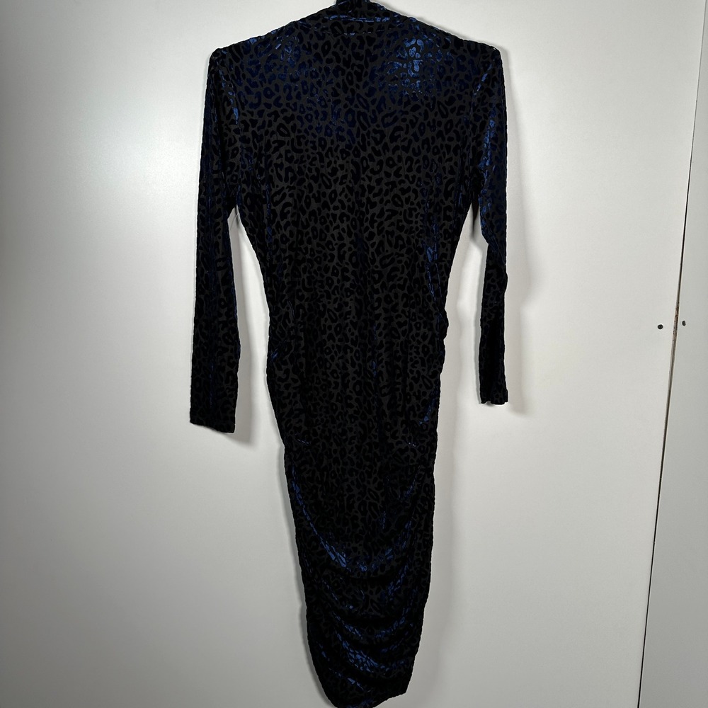 Leopard Velvet Tight Bodycon Dress Angeleye Narcissus Navy Mock Neck Ruched 10 - Picture 5 of 8